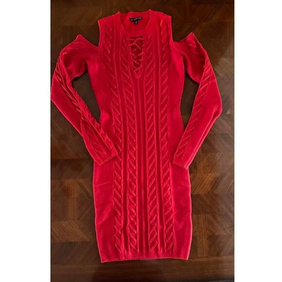 Guess Red Cold Shoulder Sweater Dress | Lace-Up Front Bodycon Knit | Size M - Picture 10 of 15